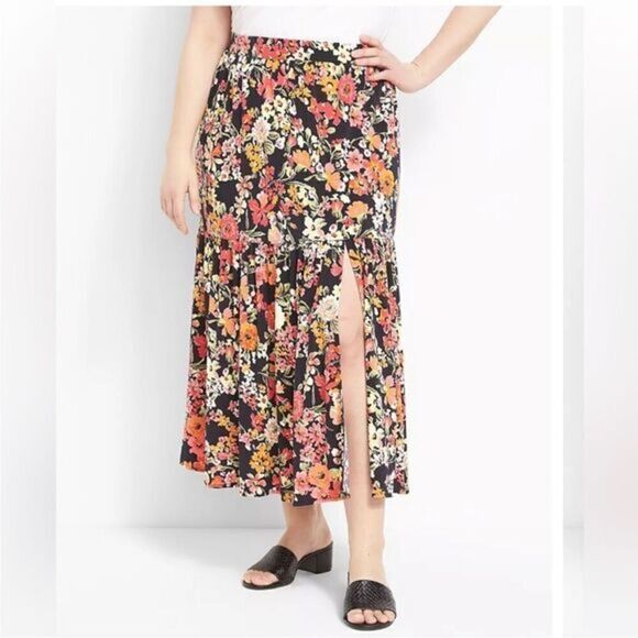 Lane Bryant Floral Print Slit Front Pull On Midi Skirt - Picture 1 of 8